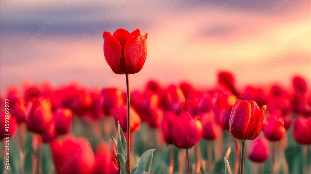 Obraz premium Vibrant red tulips blooming in a colorful field at sunset