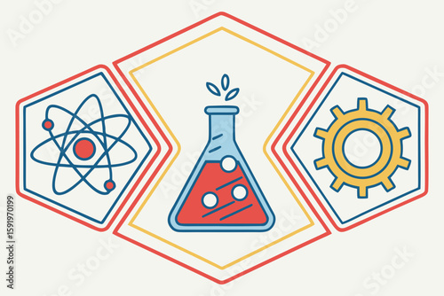 Abstract science and technology symbols atom flask and gear in hexagonal frames