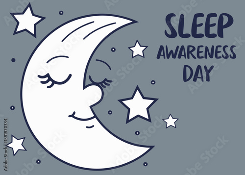 Cute sleeping moon and stars with sleep awareness day text