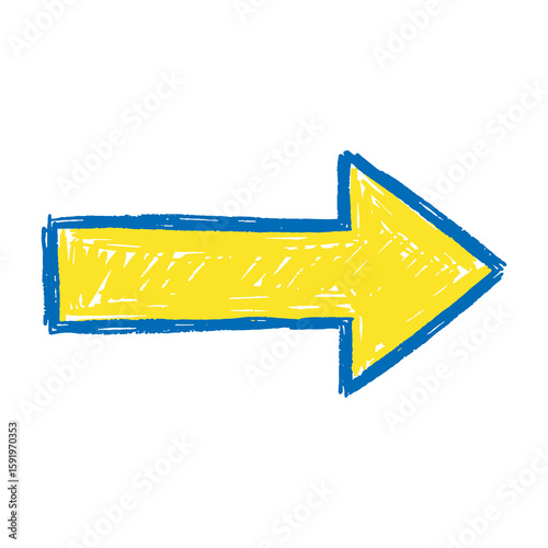 Right arrow icon hand drawn doodle sketch symbol for direction next forward continue pointer yellow blue graphic design vector art sign