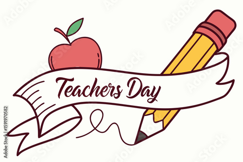 Happy teachers day banner with apple and pencil illustration