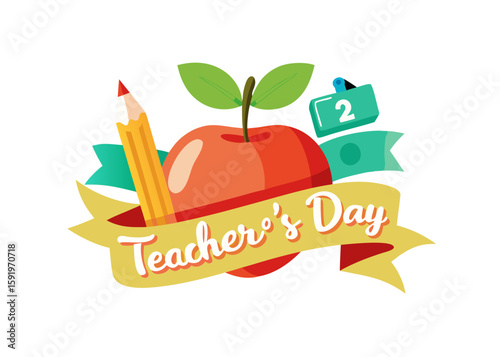 Happy teachers day celebration with apple pencil and calendar icon