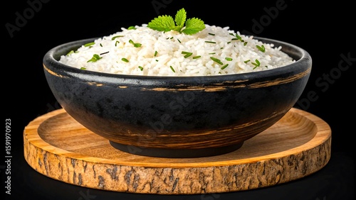 Steaming hot white rice served in black ceramic bowl on wooden tray