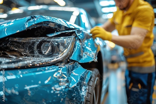 Damage assessment of a blue sports car after collision repair in an auto body shop