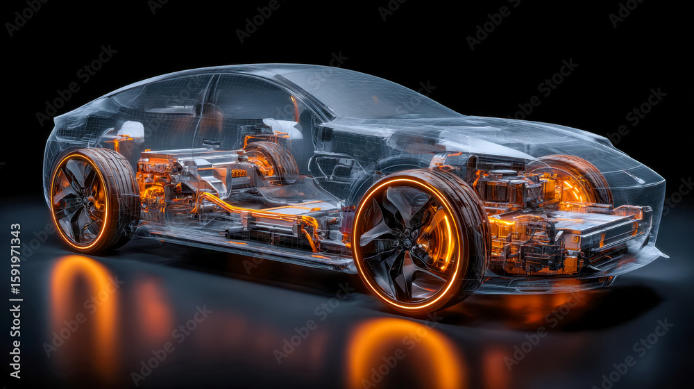 Fototapeta premium Futuristic transparent electric vehicle showcasing advanced internal component design and vibrant lighting accents