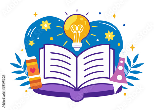 Open book with glowing lightbulb and art supplies symbolizing creativity and learning