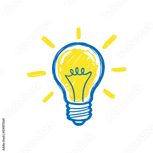 Bright lightbulb icon hand drawn doodle sketch symbol for idea inspiration creativity solution yellow blue graphic design vector art illustration