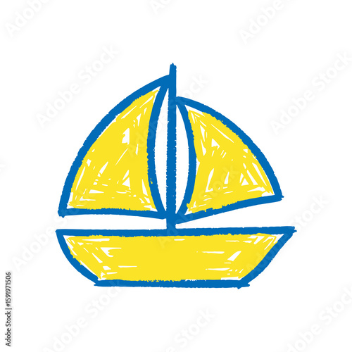 Sailboat yacht icon hand drawn doodle sketch for sea travel vacation sport adventure yellow blue graphic design vector ship illustration art