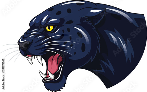 Illustration of a black panther head with mouth open showing teeth on a white background view from side