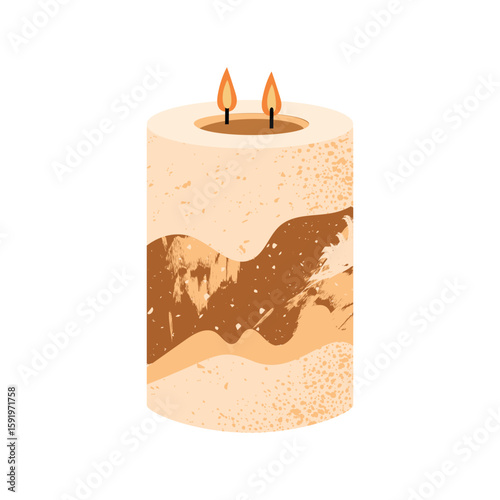 Modern candle with double flames and abstract wavy design. Cozy boho decor. Flat vector illustration isolated on white.