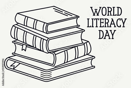 World literacy day celebrated with a stack of books in a simple line art illustration