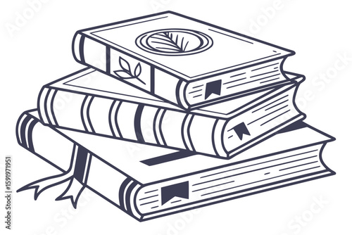 Stack of three vintage books with decorative elements and bookmarks on white background