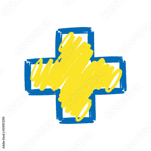 Medical cross icon hand drawn doodle sketch symbol for health first aid hospital pharmacy yellow blue graphic design vector art plus sign