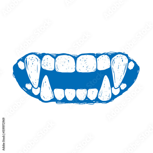 Vampire fangs icon hand drawn doodle sketch symbol for halloween monster dracula horror teeth yellow blue graphic design vector art scary