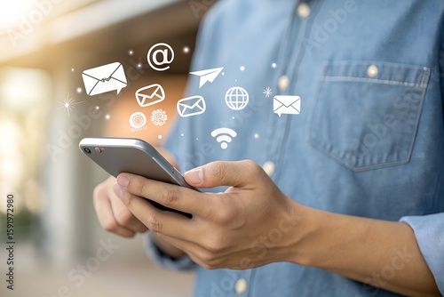 Alert notification concept. Push Notifications, Web Reminders, Time Table and Announcements. Person using smartphone with notification icon on virtual screen.