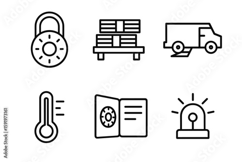 out stroke icon combination lock wheel currency bundle shelf armo cart ramp temperature monitor vault log book standby emergency mono icons style isolated