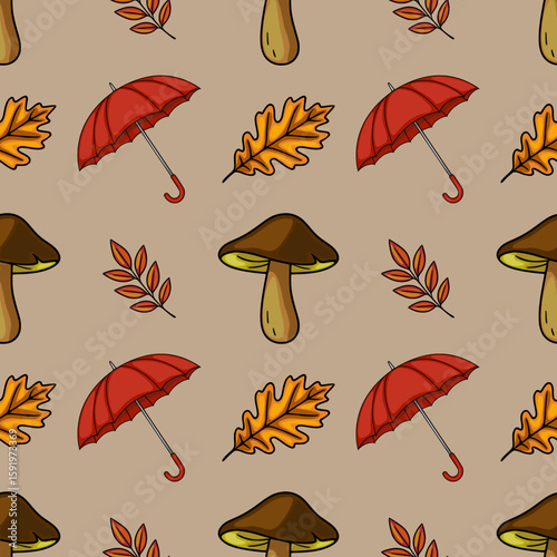 Seamless vector pattern featuring autumnal elements: red umbrellas, brown mushrooms, oak leaves, and vibrant foliage branches, creating a charming and cozy atmosphere.