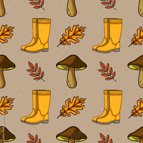 Seamless vector pattern featuring autumnal elements: yellow rubber boots, brown mushrooms, oak leaves, and red-orange branches, creating a cheerful and cozy fall mood.
