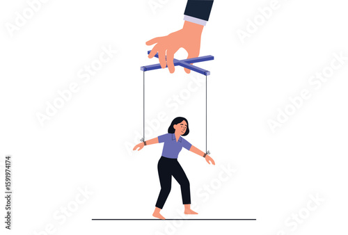 Woman controlled by giant puppet hand, manipulation and control concept vector illustration.