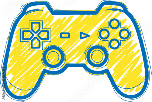 Game controller icon hand drawn doodle sketch of a gamepad for video gaming esports fun yellow blue graphic vector illustration art design concept