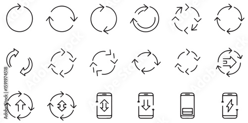 Cyclical Icons: An array of seamless, minimalist circular icons and arrows illustrating concepts like process, refresh, cycle, rotation, and renewal. Representing perpetual motion and change.