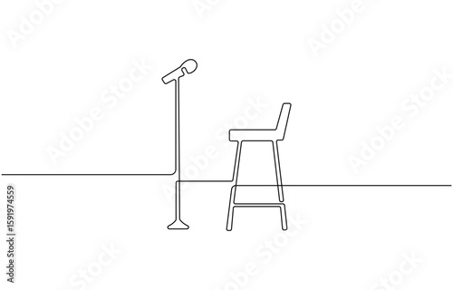 Continuous one line drawing of microphone and stool on stand up comedy stage, Microphone Continuous Line Illustration.