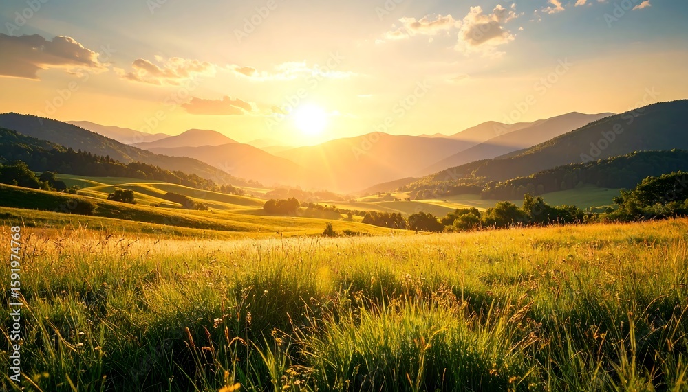 Fototapeta premium Golden sunset over grassy hills and mountains