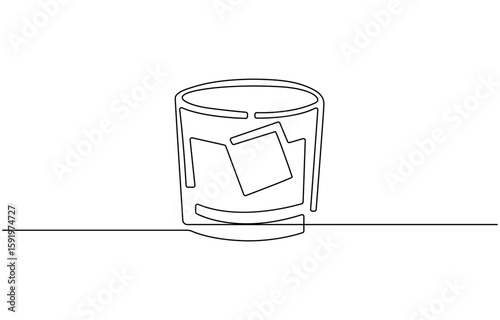 Whiskey glasses in one continuous line drawing. Whisky and liquor with ice cubes for alcohol drink, Hand drawn linear vector illustration. Print, banner, card, poster, sign.