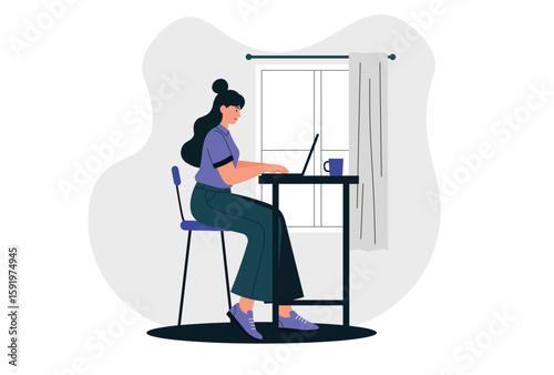 Woman Working on Laptop at Home vector illustration.