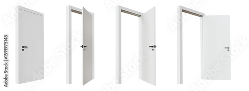 Set of white doors in various stages of opening, isolated on transparent background. 3D render.