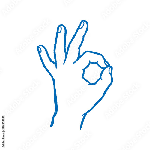 OK hand gesture icon hand drawn doodle sketch symbol for approval agreement success good sign yellow blue graphic design vector communication art