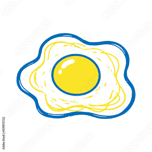 Fried egg icon hand drawn doodle sketch for breakfast food meal cooking symbol yellow blue graphic design vector illustration culinary concept