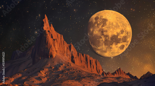 Mountains at Night with Moon and Orange Hues in the Sky, Generative AI Illustration
