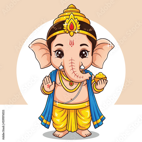 Adorable Baby Lord Ganesha in Traditional Yellow Outfit Holding Modak – Vector Illustration