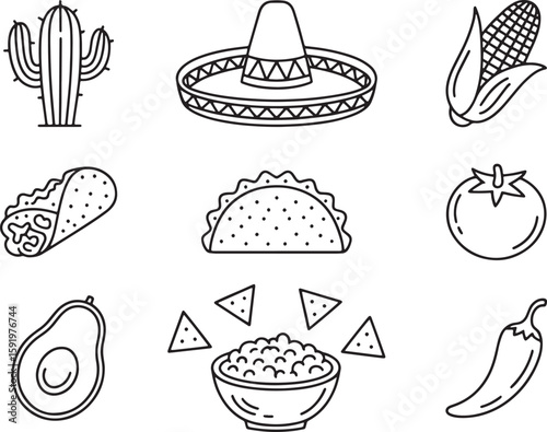 Mexican food icons Black and white vector illustration of 