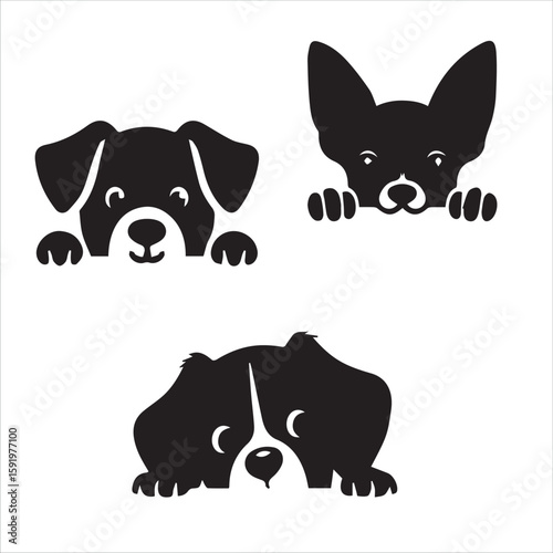 Three cute black silhouette dog faces peeking over a surface