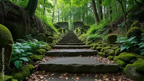 Eerie stone stairs with moss-covered statues in a dark forest, a scene of mystery and ancient allure.
