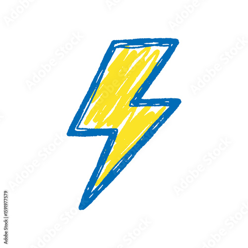Lightning bolt icon hand drawn doodle sketch symbol for power energy electricity storm thunder yellow blue graphic design vector art illustration