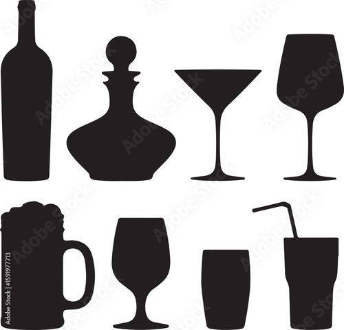Various drink containers and glasses bottle decanter