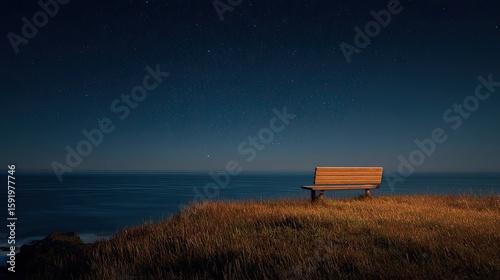 Wooden bench on a grassy cliff overlooking a starlit ocean