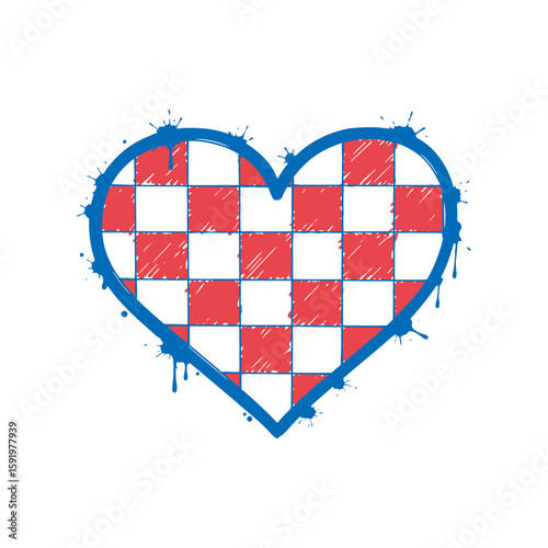 Love Croatia heart icon with red white check pattern hand drawn doodle symbol for patriot sport fan nation flag travel vector illustration design