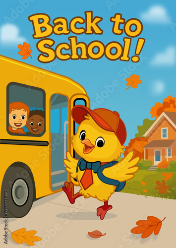 Cute Cartoon Chick Boarding School Bus in Autumn Suburbs