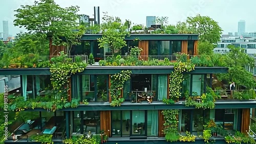 Green skyscraper oasis with abundant plant life