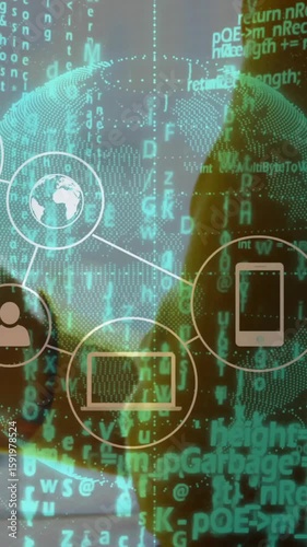 Digital network icons and data processing animation over person using smartphone