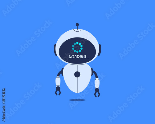 Robot with loading bar on screen. Vector illustration for AI system update, chatbot processing, data upload