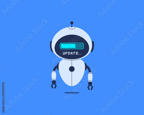 Robot with update bar on screen. Vector illustration for AI system update, data upload, and digital progress concept