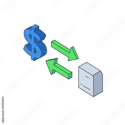 Isometric illustration of money flowing into a data storage device.