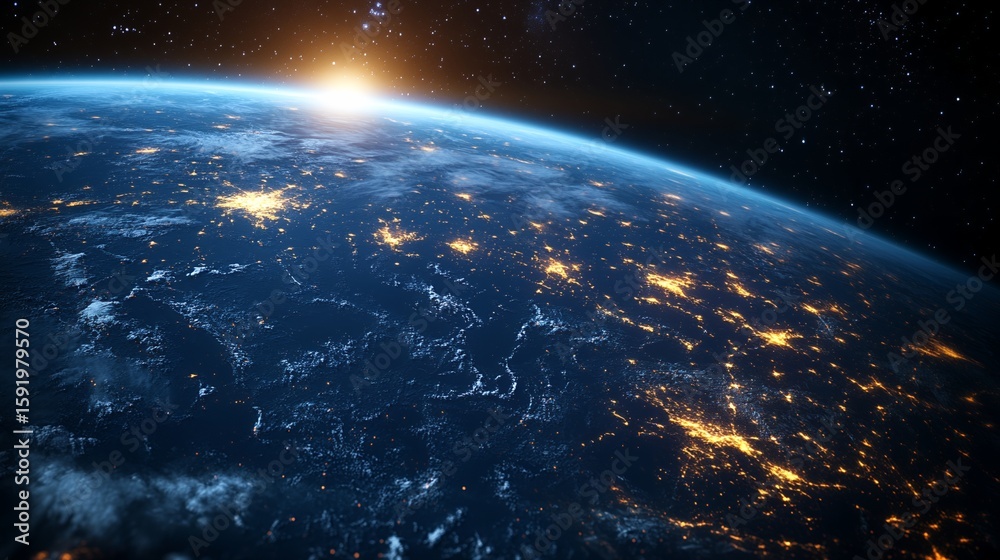 Fototapeta premium Earth From Space with City Lights at Night and Rising Sun