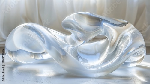 Abstract glass sculpture with flowing curves and soft reflections on a minimalist surface