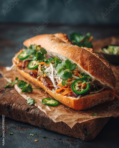 A delicious Vietnamese sandwich banh mi with tofu, fresh vegetables, and herbs on a wooden board, accompanied by a cup of coffee.